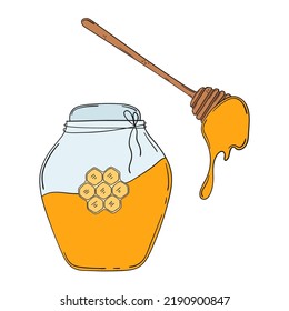 Hand drawn jar of honey and wooden honey dipper isolated on a white background. Doodle, simple outline illustration. It can be used for decoration of textile, paper.