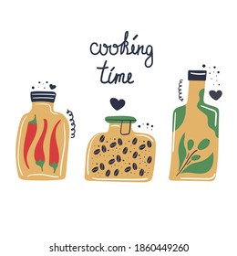 Hand drawn jar of hot red chili pepper, a jar of coffee beans and a bottle of olive oil and text cooking time. Flat illustration. Kitchen concept.