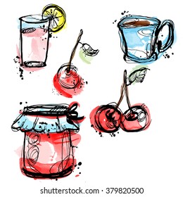 Hand drawn jar with   jam and  cherry . Set of vector  watercolor 