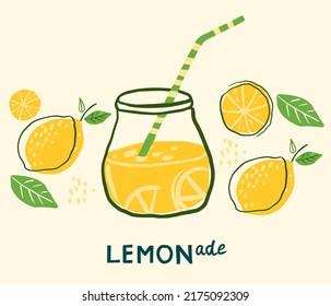 Hand drawn jar with lemonade. Text lemonade. Poster with lemonade. Illustration for icon, logo, print, card, emblem, label. Fresh drink.