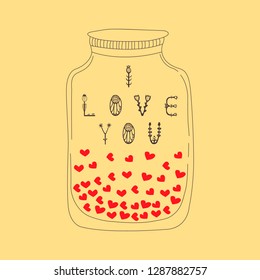 Hand drawn jar with lettering I love you and red hearts on a yellow background. Vector graphics.