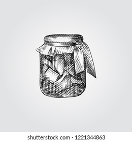 Hand Drawn Jar of Pickled apples Sketch Symbol isolated on white background. Vector glass jar In Trendy Style. Glass canning jars hand drawing sketches elements
