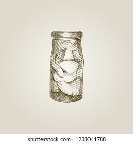 Hand Drawn Jar of Pickled apples Sketch Symbol isolated on white background. Vector glass jar In Trendy Style. Glass canning jars hand drawing sketches elements