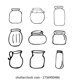 Hand drawn jar set. Contour sketch. Kitchen objects doodle style. Vector illustration isolated on white background. Alchemy and vintage.