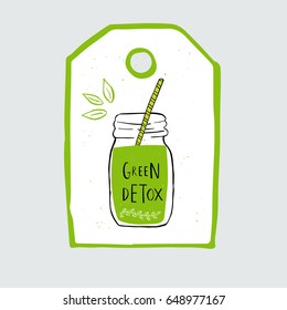 Hand drawn jar with smoothies, green detox. Organic fruit shake cocktail . Eco healthy ingredients. Vector illustration for restaurant, bar, menu.