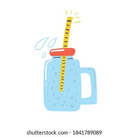 Hand drawn jar of water with straw. Flat illustration.