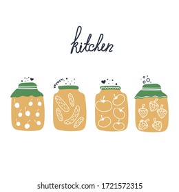 Hand drawn jars with cucumbers, tomatoes, cherry and strawberry jam, billets, pickle. Cute flat vector illustration.