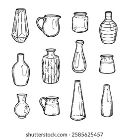 Hand drawn jars and vases for flowers on white background. Black line art vases illustration. Doodle of flower recipients. Ready to be used in print and online projects. 