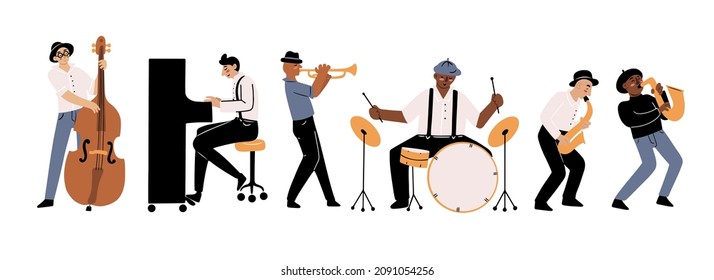 Hand drawn jazz band playing different musical instruments in cartoon doodle style, isolated vector illustration