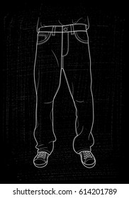 Hand drawn jeans. Men jeans vector illustration in line art style on black textured background