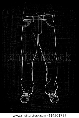 Hand drawn jeans. Men jeans vector illustration in line art style on black textured background
