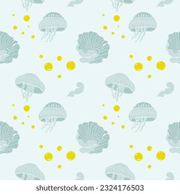 Hand drawn jellyfish and corals seamless pattern. Textured lino cut style summer illustrations backdrop. Playful cute pastel colors wallpaper.