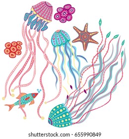 Hand drawn jellyfish, fish and seastar. Vector illustration.