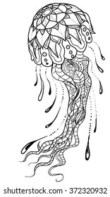 Hand drawn jellyfish . Isolated on white. anti stress Coloring Page Vector monochrome sketch.