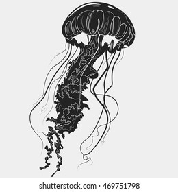 Hand drawn jellyfish isolated on a light background. Vector illustration. Tattoo sketch. Sea collection.