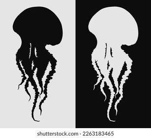 Hand drawn jellyfish isolated vector illustration set in black and white. Medusa with long tentacles silhouette. Sea nature, underwater life animal.