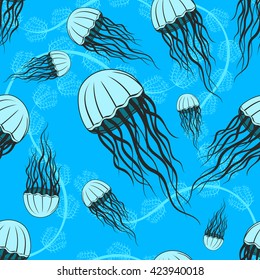 Hand drawn jellyfish and seaweed seamless pattern. Modern stylish underwater life decorative ornament. Repeating background for textiles, wrapping paper or wallpaper. Isolated vector illustration.