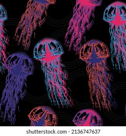 Hand drawn jellyfish texture. Raster hand drawn watercolor seamless pattern. Sea collection. Magical jellyfish seamless pattern. Hand drawn watercolor illustration