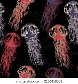 Hand drawn jellyfish texture. Raster hand drawn watercolor seamless pattern. Sea collection. Magical jellyfish seamless pattern. Hand drawn watercolor illustration