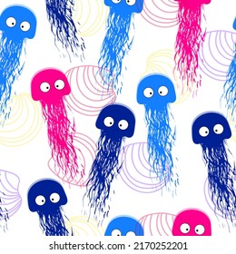 Hand drawn jellyfish texture. Raster hand drawn watercolor seamless pattern. Sea collection.  Vector flat illustrations and icon set