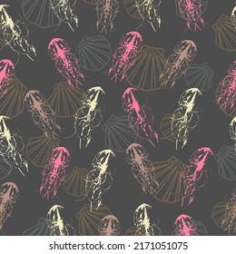 Hand drawn jellyfish texture. Raster hand drawn watercolor seamless pattern.   Hand drawn line art. Wallpaper, textile, print design