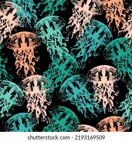 Hand drawn jellyfish texture. Raster hand drawn watercolor seamless pattern.  Sea collection.