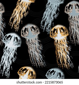 Hand drawn jellyfish texture. Raster hand drawn watercolor seamless pattern. Sea collection. Space colorful repeat texture wallpaper illustration.