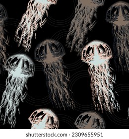 Hand drawn jellyfish texture. Raster hand drawn watercolor seamless pattern. Sea collection. Underwater animal illustration. Hand drawn realistic medusa .Abstract fantasy.
