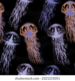 Hand drawn jellyfish texture. Raster hand drawn watercolor seamless pattern. Sea collection. Hand-drawn vintage illustration. 