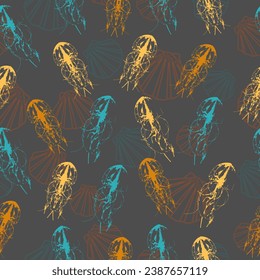 Hand drawn jellyfish texture. Raster hand drawn watercolor seamless pattern.  bright children's print for fabric with sea jellyfish.