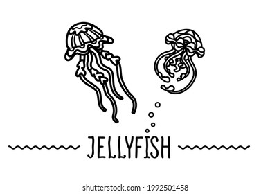 Hand drawn jellyfish. Vector illustration. Marine collection. Set jellyfish isolated symbol. Medusa with long tentacles logo.