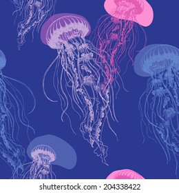 Hand drawn jellyfish. Vector illustration with watercolor. Sea collection.