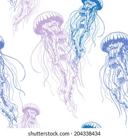 Hand drawn jellyfish. Vector illustration with watercolor. Sea collection.