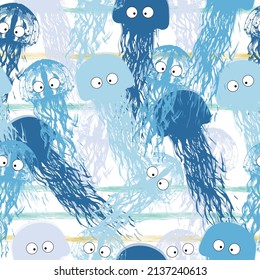 Hand drawn jellyfish. Vector illustration with watercolor. Sea collection. Seamless underwater cute pattern.