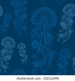 Hand drawn jellyfish. Vector illustration. Henna Mehendi Tattoo Style Doodles Seamless Pattern on a blue background. 