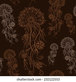 Hand drawn jellyfish. Vector illustration. Henna Mehendi Tattoo Doodles Seamless Pattern on a brown background. 