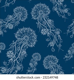 Hand drawn jellyfish. Vector illustration. Henna Mehendi Tattoo Doodles Seamless Pattern on a blue background. 