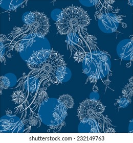 Hand drawn jellyfish. Vector illustration. Henna Mehendi Tattoo Doodles Seamless Pattern on a blue background. 