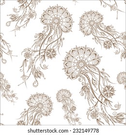 Hand drawn jellyfish. Vector illustration. Henna Mehendi Tattoo Doodles Seamless Pattern on a white background. 