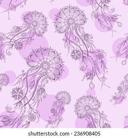 Hand drawn jellyfish. Vector illustration. Henna Mehendi Tattoo Doodles Seamless Pattern on a blue background.