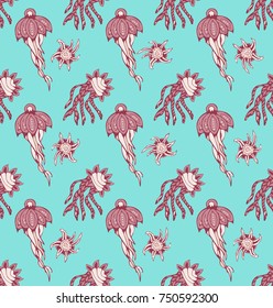 Hand drawn jellyfish. Vector illustration with watercolor. Sea collection.