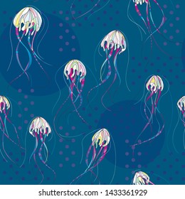 Hand drawn jellyfish vector seamless pattern. Ocean medusa abstract background. Sea jelly texture in modern style for surface design, textile, wrapping paper, wallpaper, phone case print, fabric.