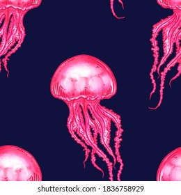 Hand drawn jellyfish vector seamless pattern. Pink medusa with long tentacles dark background illustration. Sea nature, underwater life animal.