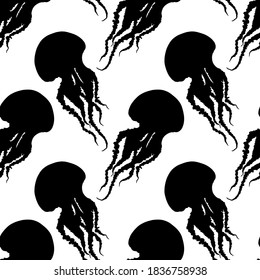 Hand drawn jellyfish vector seamless pattern. Medusa with long tentacles background illustration. Sea nature, underwater life animal in black and white.