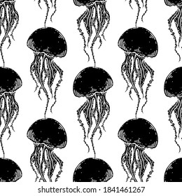 Hand drawn jellyfish vector seamless pattern. Medusa with long tentacles background illustration. Sea nature, underwater life animal in black and white.