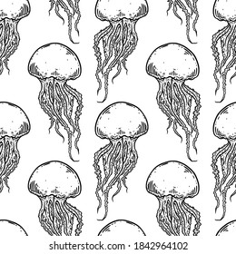 Hand drawn jellyfish vector seamless pattern. Medusa with long tentacles background illustration. Sea nature, underwater life animal in black and white.