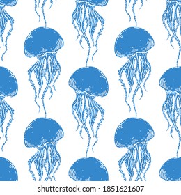 Hand drawn jellyfish vector seamless pattern. Medusa with long tentacles background illustration in blue over white. Sea nature, underwater life animal.