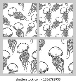 Hand drawn jellyfish vector seamless patterns set. Medusa with long tentacles background illustrations in black and white. Sea nature, underwater life animal.