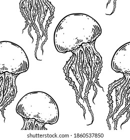 Hand drawn jellyfish vector seamless pattern. Medusa with long tentacles background illustration. Sea nature, underwater life animal in black and white.