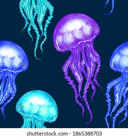 Hand drawn jellyfish vector seamless pattern. Colorful medusa with long tentacles dark background illustration. Sea nature, underwater life animal.